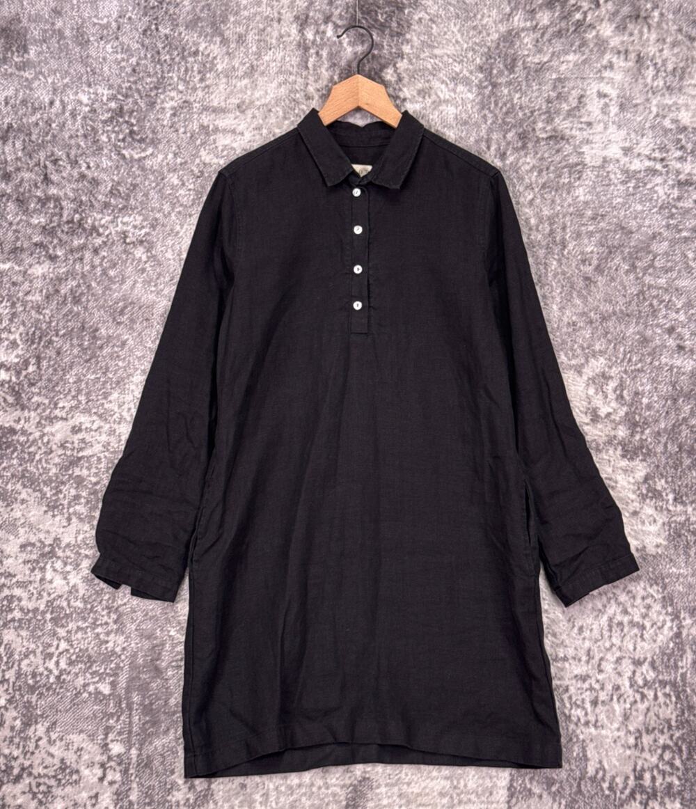 Not Monday Linen Tunic / Dress Medium Womens Black Collared Long Sleeve